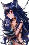  animal_ear_fluff animal_ears bare_shoulders bdsm blue_hair bondage bound bound_wrists chain collarbone commentary_request fenrir_(shingeki_no_bahamut) flat_chest granblue_fantasy highres jewelry long_hair maho_moco navel paws red_eyes shingeki_no_bahamut solo upper_body white_background wolf_ears 