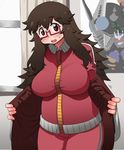  black_hair blush breasts brown_eyes freckles glasses highres kamen_rider kamen_rider_agito kamen_rider_agito_(series) kamen_rider_g3 kamen_rider_g4 kamen_rider_gills large_breasts long_hair matsuda_yuusuke messy_hair off_shoulder plump red-framed_eyewear semi-rimless_eyewear solo sweatdrop track_suit under-rim_eyewear yonezawa_natsumi yuusha_to_maou zipper 