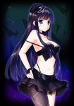  asymmetrical_legwear black_hair black_hat black_skirt blue_eyes breasts cleavage hand_on_hip hat long_hair medium_breasts navel sideboob skirt solo touma_kazusa white_album_2 yumeiro_hanabi 