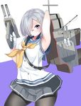  absurdres arm_behind_head arm_up armpits bad_id bad_pixiv_id belt bespectacled black_legwear blouse blue_eyes buttons cannon glasses gloves grey_skirt gun hair_ornament hair_over_one_eye hairclip hamakaze_(kantai_collection) highres holding holding_gun holding_weapon kantai_collection looking_at_viewer machinery nebusoku neckerchief pantyhose pleated_skirt rimless_eyewear school_uniform serafuku short_hair short_sleeves silver_hair skirt solo turret weapon white_blouse white_gloves yellow_neckwear 