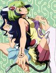  absurdres azumaya_miyabi back-to-back bare_shoulders barefoot black_hair blue_skirt cable dimension_w feet fingernails fingers green_eyes green_hair hair_ornament hands hands_clasped highres kneeling long_hair multicolored_hair multiple_girls official_art open_mouth own_hands_together pink_shorts shorts skirt soles tattoo thighhighs toes two-tone_hair white_legwear yurizaki_mira 