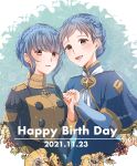  2021 2girls bangs blue_capelet blue_dress blue_hair blunt_bangs blush braid brown_eyes buttons capelet commentary_request crown_braid dated dress dual_persona english_text epaulettes eyebrows_visible_through_hair fire_emblem fire_emblem:_three_houses garreg_mach_monastery_uniform happy_birthday highres holding_hands long_sleeves looking_at_viewer marianne_von_edmund multiple_girls open_mouth short_hair short_hair_with_long_locks sidelocks smile time_paradox tongue twitter_username uniform upper_body yutohiroya 