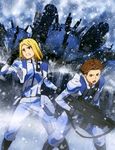  absurdres blonde_hair brown_hair gun havia_winchell heavy_object highres holding holding_gun holding_weapon male_focus multiple_boys object_(vehicle) official_art outdoors qwenthur_barbotage snowing uniform weapon 