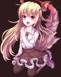  :d blonde_hair fang frilled_skirt frills granblue_fantasy highres long_hair open_mouth pointy_ears red_eyes shingeki_no_bahamut shirt sitting skirt smile solo sumioo_(sumikko_no_ousama) tail vampy wariza 