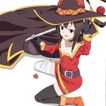  bandaged_leg bandages bare_shoulders belt black_hair black_legwear cape collar collarbone eyepatch fingerless_gloves gloves hat kono_subarashii_sekai_ni_shukufuku_wo! long_legs long_sleeves megumin off_shoulder open_mouth red_eyes ribonzu short_hair solo staff thighhighs white_background witch_hat 