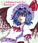  ascot bat_wings blue_hair bow character_name english fang hat hat_ribbon kabaji mob_cap puffy_short_sleeves puffy_sleeves red_eyes remilia_scarlet ribbon shikishi short_sleeves smile solo torn_wings touhou upper_body wings 