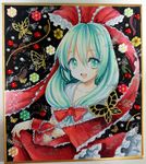  aqua_eyes aqua_hair bow bug butterfly dress flower front_ponytail hair_bow insect kagiyama_hina long_hair looking_at_viewer mosho open_mouth red_dress shikishi smile solo touhou traditional_media upper_body watercolor_(medium) wrist_cuffs 