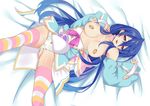  absurdres alternate_costume bandaid bandaids_on_nipples bed_sheet blue_hair blush bow bow_panties breasts cleavage colored_stripes cosplay highres iris_heart large_breasts long_hair looking_at_viewer lying neptune_(series) on_back open_mouth panties pasties pururut pururut_(cosplay) red_eyes smile solo striped striped_legwear symbol-shaped_pupils underwear urio_yusuke very_long_hair 