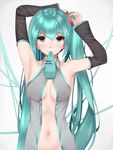  aqua_eyes aqua_hair arms_up breasts collarbone detached_sleeves gradient gradient_background green_hair grey_background hair_half_undone hairdressing hatsune_miku highres long_hair looking_at_viewer mouth_hold navel necktie one_side_up ryu_(leon_esoragotonooto) small_breasts solo upper_body very_long_hair vocaloid 