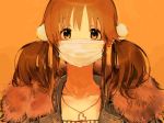  1girl bangs brown_background brown_eyes brown_hair character_request fur_trim hageshii_nakano heart heart_necklace highres idolmaster idolmaster_cinderella_girls looking_at_viewer simple_background solo surgical_mask twintails white_face_mask 