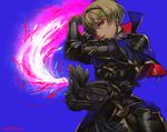  armor artist_name blonde_hair blue_background book cape fire_emblem fire_emblem_if gloves highres leon_(fire_emblem_if) magic male_focus mirrow96 red_eyes simple_background solo 
