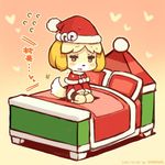  2014 :o animal_ears artist_name bed bell blonde_hair bright_pupils brown_eyes christmas dated dog_ears dog_girl doubutsu_no_mori dress furry gradient gradient_background hands_together hat jingle_bell jitome long_sleeves on_bed open_mouth outline pillow santa_costume santa_hat seiza shigatake shizue_(doubutsu_no_mori) short_hair sitting smile solo tail v_arms wet 