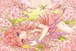  animal bird cherry_blossoms dress flowers grass long_hair marchen_noir original petals pink_hair purple_eyes summer_dress 