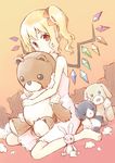  1girl barefoot blonde_hair crystal dutch_angle flandre_scarlet full_body gradient gradient_background hair_ribbon highres hug looking_at_viewer nightgown no_hat no_headwear orange_background pointy_ears red_eyes ribbon side_ponytail sitting sleeveless solo stuffed_animal stuffed_bunny stuffed_cat stuffed_dog stuffed_toy teddy_bear touhou wings 
