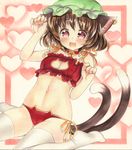  animal_ears bell bell_choker bra breasts brown_hair cat_cutout cat_ear_panties cat_ears cat_girl cat_lingerie cat_tail chen choker cleavage cleavage_cutout fang hat heart highres jewelry jingle_bell looking_at_viewer marker_(medium) meme_attire mob_cap mugicha_(mugicha0929) multiple_tails navel nekomata open_mouth panties paw_pose pink_eyes red_bra red_panties side-tie_panties single_earring sitting small_breasts smile solo tail thighhighs touhou traditional_media two_tails underwear underwear_only wariza white_legwear 