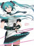  ;p aqua_nails artist_name black_gloves black_legwear blue_eyes blue_hair blue_neckwear blush buttons cable collar cowboy_shot elbow_gloves fingerless_gloves floating_hair gloves hands_clasped hatsune_miku headgear headphones headset holding holding_microphone interlocked_fingers jacket long_hair looking_at_viewer microphone nail_polish necktie number one_eye_closed own_hands_together pleated_skirt short_sleeves simple_background skirt solo standing suzume_yuu thighhighs tongue tongue_out twintails vocaloid white_background white_jacket wind zettai_ryouiki 