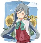  2016 ahoge blue_hair blush bow bowtie closed_eyes cloud dated day flower grey_hair grin kantai_collection kiyoshimo_(kantai_collection) long_hair low_twintails multicolored_hair riz_(ravel_dc) school_uniform shirt sky smile solo sunflower twintails twitter_username white_shirt 