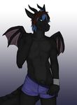  2015 anthro black_body clothed clothing dragon horn looking_at_viewer male penis penis_base samsquanch sedary simple_background solo standing teasing topless underwear undressing wings 
