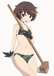  akiyama_yukari broom brown_eyes brown_hair camouflage girls_und_panzer gloves nanashino short_hair solo 