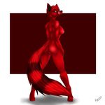  2016 anthro blue_eyes breasts butt canine female fur looking_at_viewer looking_back mammal nipples nude pussy ranthead rear_view red_fur signature simple_background smile solo tongue tongue_out 