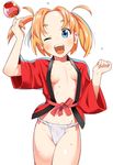  ;d areola_slip areolae blonde_hair blue_eyes blush breasts breasts_apart candy_apple collarbone copyright_request cowboy_shot eyebrows food fundoshi groin hand_up holding holding_food japanese_clothes kimono legs_together long_sleeves mirakichi no_bra one_eye_closed open_clothes open_kimono open_mouth red_kimono red_ribbon ribbon simple_background small_breasts smile solo standing sweets teeth thick_eyebrows two_side_up white_background yukata 