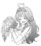 :d ahoge bare_shoulders blush bouquet crown diadem double_bun dress elbow_gloves flower furo_(harirate) gloves greyscale hair_ornament heart_ahoge jewelry kantai_collection kongou_(kantai_collection) long_hair monochrome necklace open_mouth smile solo strapless strapless_dress wedding_dress 