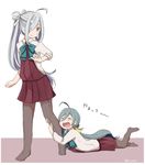  ahoge asashimo_(kantai_collection) blouse blue_hair bow bowtie closed_eyes commentary_request dress grey_hair hair_over_one_eye hairband kantai_collection kiyoshimo_(kantai_collection) leg_cling leg_grab long_hair low_twintails lying multicolored_hair multiple_girls on_floor on_stomach open_mouth pantyhose riz_(ravel_dc) school_uniform silver_hair sleeveless sleeveless_dress standing tears translated twintails twitter_username white_blouse 