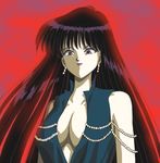  bishoujo_senshi_sailor_moon black_hair blue_shirt breasts cleavage earrings evil_smile hino_ryutaro jewelry large_breasts lipstick long_hair makeup mistress_9 older pale_skin purple_lipstick red_background red_eyes shirt sleeveless sleeveless_shirt smile solo tomoe_hotaru upper_body 