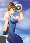  1girl alternate_costume bare_shoulders breasts brown_eyes brown_hair chun-li cleavage double_buns elee0228 hair_bun large_breasts muscle nextartist parted_lips sleeveless solo street_fighter street_fighter_v toned weightlifting weights 