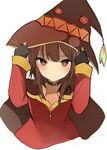  bad_id bad_tumblr_id black_gloves blush brown_hair brown_hat buckle button_eyes cape choker closed_mouth fingerless_gloves frown gloves hands_on_headwear hands_up hat kono_subarashii_sekai_ni_shukufuku_wo! looking_at_viewer lpip megumin red_eyes red_shirt shirt simple_background solo stitches tassel tsurime upper_body white_background witch_hat 