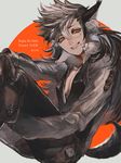  animal_ears black_hair boots character_name fire_emblem fire_emblem_if flannel_(fire_emblem_if) gloves grey_background happy_birthday highres long_hair male_focus mirrow96 multicolored_hair orange_eyes scar sitting solo tail two-tone_hair white_hair wolf_ears wolf_tail 