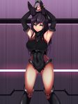  1girl animal_ears armpits arms_up breasts cameltoe elbow_gloves fishnet_legwear fishnets game_cg gloves green_eyes highres large_breasts legs leotard long_hair looking_at_viewer miyashiro_nana-san_yonban mole original purple_hair rabbit_silence restrained simple_background solo standing thighs tied_up 