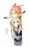  1boy 1girl animal_ears bad_id bad_pixiv_id bangs belt belt_pouch blue_pants blue_shirt bunny_ears closed_mouth collared_shirt cowboy_shot disney eyebrows eyebrows_visible_through_hair fox_ears frown ginaliy green_eyes green_shirt grey_hair head_on_head humanization judy_hopps long_hair long_sleeves looking_at_another looking_away looking_up nick_wilde orange_hair pants peeking_out police police_uniform policewoman pouch purple_eyes shirt sketch spoken_ellipsis thigh_gap twintails uniform white_background zootopia 