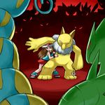  1girl blue_(pokemon) brown_eyes brown_hair gyarados hat hypno pokemon pokemon_(game) pokemon_frlg protecting ryanpei tyranitar 