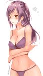  absurdres ahoge blush bra brown_eyes crossed_arms hagikaze_(kantai_collection) highres kantai_collection long_hair navel one_side_up open_mouth panties purple_bra purple_hair purple_panties sakiryo_kanna simple_background solo twitter_username underwear underwear_only 