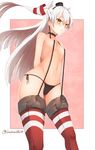  absurdres amatsukaze_(kantai_collection) arms_behind_back black_panties blush breasts brown_eyes dutch_angle garter_straps hair_ornament hairband highres kantai_collection long_hair no_bra panties sakiryo_kanna side-tie_panties signature silver_hair small_breasts solo striped striped_legwear thighhighs topless two_side_up underwear underwear_only yellow_eyes 