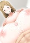  1girl areolae blonde_hair blush breast_rest breasts censored cum cum_on_body cum_on_breasts cum_on_upper_body gigantic_breasts highres hornet_(artist) long_hair looking_down lying mosaic_censoring naughty_face navel nipples nude paizuri penis pov raised_eyebrows simple_background smile solo_focus sweat tongue yellow_eyes 