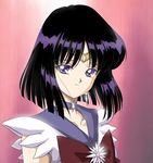  bishoujo_senshi_sailor_moon black_hair bow brooch brown_bow choker close-up earrings hino_ryutaro jewelry looking_at_viewer magical_girl pink_background purple_eyes purple_sailor_collar sailor_collar sailor_saturn sailor_senshi_uniform short_hair smile solo star star_choker tiara tomoe_hotaru upper_body 