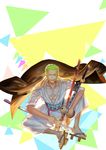  1boy bottle earrings full_body geta green_hair haramaki jacket_on_shoulders japanese_clothes jewelry male_focus muscle one-eyed one_piece roronoa_zoro scabbard scar sitting solo sword weapon 