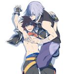  2boys blush kingdom_hearts looking_at_viewer male_focus mikanaikaru multiple_boys muscle riku sora sora_(kingdom_hearts) undressing yaoi 