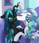  &lt;3 2016 blush changeling equine eyeshadow female friendship_is_magic green_eyes green_hair hair holes horn kissing lopoddity makeup mammal my_little_pony ponytail princess_celestia_(mlp) queen_chrysalis_(mlp) sparkles winged_unicorn wings 