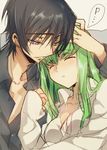  1boy 1girl :o black_hair black_shirt blush breasts c.c. closed_eyes code_geass collarbone couple creayus eyebrows eyebrows_visible_through_hair green_hair hand_on_another's_head hetero lelouch_lamperouge light_smile long_hair long_sleeves parted_lips purple_eyes shirt sketch sleeping small_breasts speech_bubble spoken_ellipsis upper_body very_long_hair white_shirt 