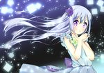  bangs blue_hair blush bow dress flower glowing hair_flower hair_ornament highres keespring large_bow miu_(re;member) official_art purple_eyes re;member sidelocks solo 