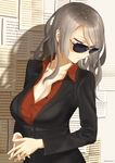  breasts cleavage collared_shirt formal grey_hair highres large_breasts long_hair original paper purple_eyes shirt solo suit sunglasses throtem unbuttoned unbuttoned_shirt 