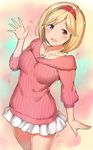  bangs blonde_hair blush casual cowboy_shot djeeta_(granblue_fantasy) granblue_fantasy hairband head_tilt heart heart_necklace jewelry light_smile looking_at_viewer miniskirt necklace open_mouth pendant pink_hairband poco_(backboa) red_eyes ribbed_sweater shirt short_hair skirt solo sweater waving white_shirt 