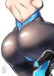  1girl alternate_costume ass ass_focus back backboob backless_leotard black_footwear black_legwear blue_leotard breasts commentary_request from_behind head_out_of_frame high_heels highres hips huge_ass izayoi_sakuya knee_up leotard medium_breasts pantyhose plump shiny shiny_clothes shiny_skin signature simple_background solo tajima_yuuki thick_thighs thighband_pantyhose thighs touhou white_background wide_hips 