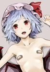  bandaid bandaids_on_nipples bangs bat_wings breasts close-up collarbone eyebrows fangs hat hat_ribbon kuroto2009 looking_at_viewer lying mob_cap nude on_back open_mouth pasties red_eyes red_ribbon remilia_scarlet ribbon short_hair slit_pupils small_breasts solo tongue touhou upper_body wings 