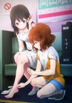  2girls bare_shoulders barefoot black_hair brown_eyes brown_hair cotton_swab dress feet futonchan hibike!_euphonium highres injury instrument_case kousaka_reina long_legs multiple_girls open_mouth oumae_kumiko purple_eyes shoes_removed shorts sign single_shoe sitting squatting toes 