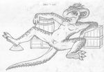  2011 annoyed anthro anus argonian barefoot barrel breasts crate featureless_breasts female greyscale horn long_tail looking_at_viewer mizzyam monochrome navel nude pencil_(artwork) pussy reclining scalie solo spread_legs spreading the_elder_scrolls traditional_media_(artwork) video_games 