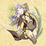  ahoge barefoot breasts brown_eyes cape center_opening character_name circlet cleavage fire_emblem fire_emblem_if flower leaf long_hair medium_breasts navel open_mouth ophelia_(fire_emblem_if) purple_hair roirne_(satoaloa) solo toeless_legwear toes 